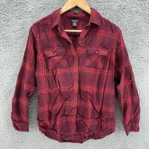Eddie‎ Bauer Womens Small Long Sleeve Button Up Collared Shirt Red Plaid Pockets